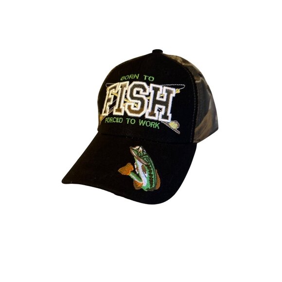 NWT Born To Fish Forced To Work Camo & Black Polyester Cap - Picture 1 of 5